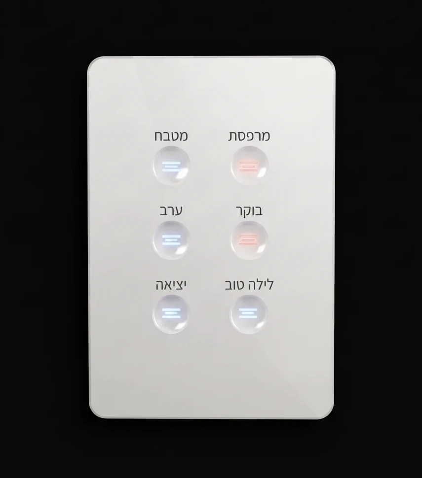 פאנל זכוכית לבן עם חריטה בעברית של שמות תרחישים ושישה לחצני LED מוארים